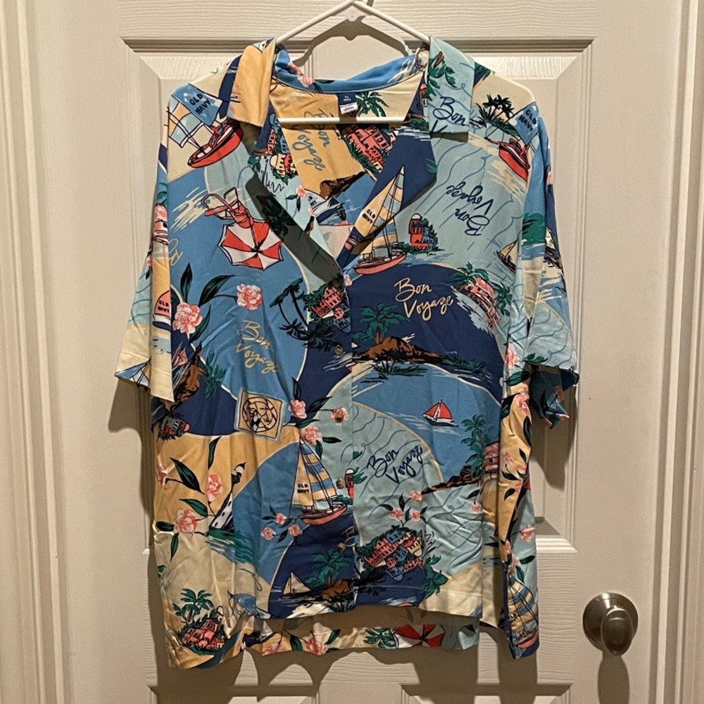 Women’s Old Navy Tropical Print SS Shirt in Gold, Blue, Green;  NWT sz XL